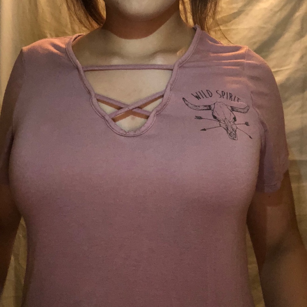 Graphic tee with cross laced neck